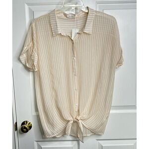 Mia &‎ Tess Sheer Top Button Front Tie Knot Women's XL Peach Striped Coastal NWT
